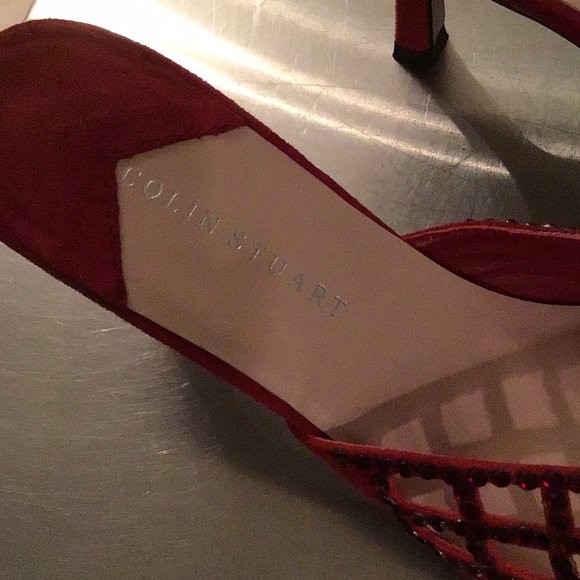 Colin Stewart red suede mules with open weave rhinestone, 3” heel. Size 6 - Picture 5 of 8